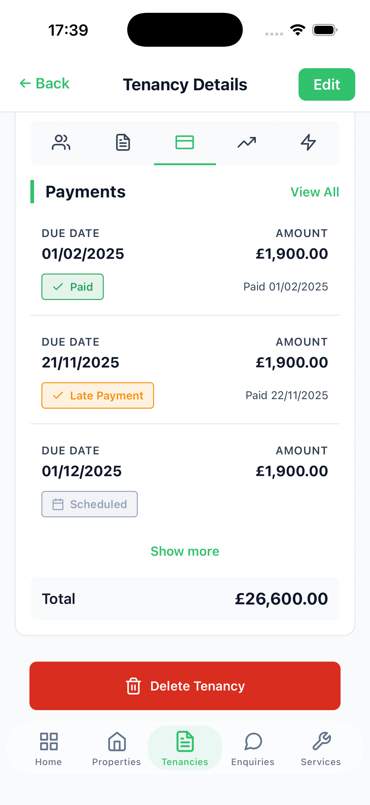 Rentably app payment tracking screen showing rent payments and financial overview