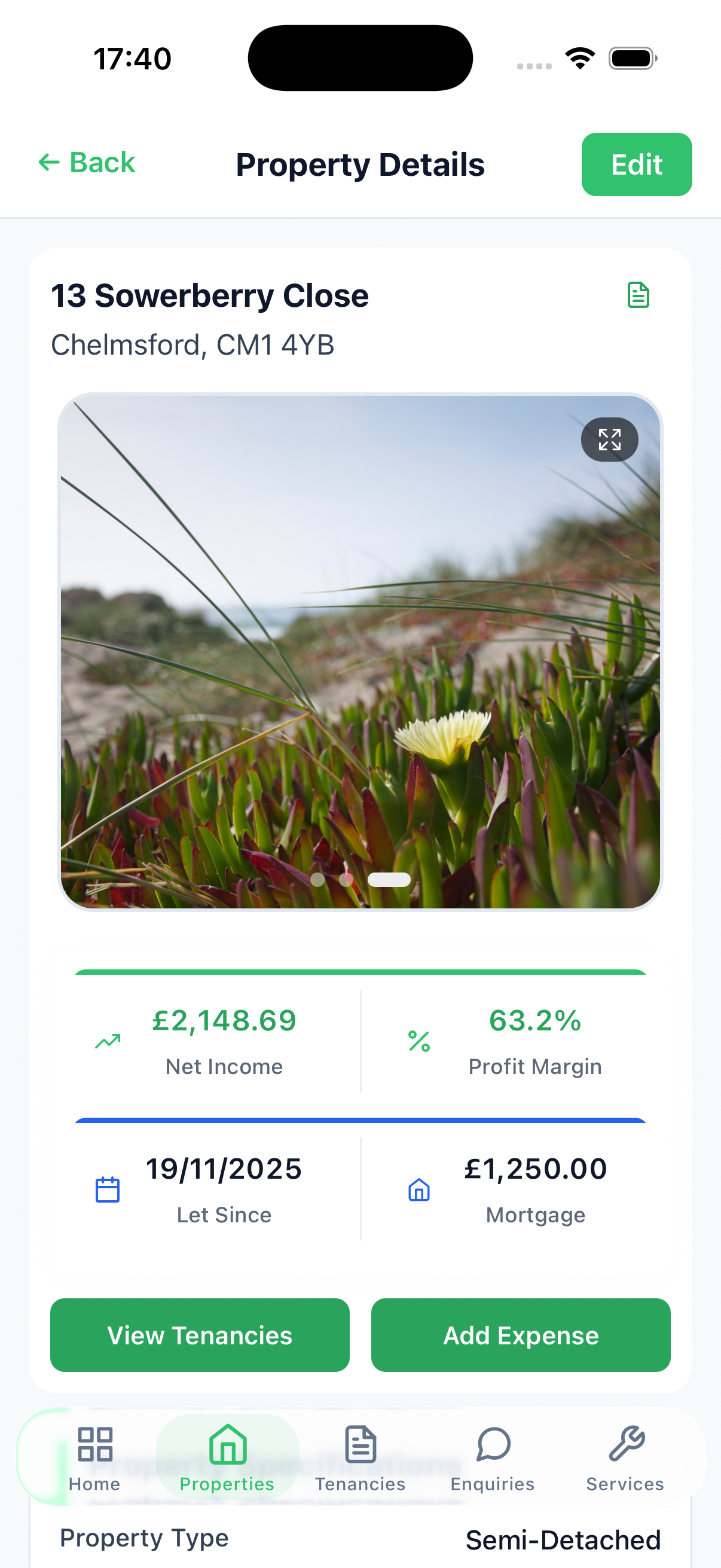 Rentably property management app showing property details and tenancy information